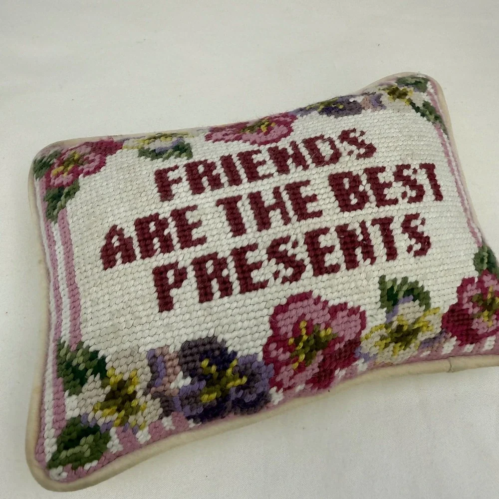 Vintage Needlepoint Pillow Friends Are The Best Presents Floral Pansy Decor 9x7